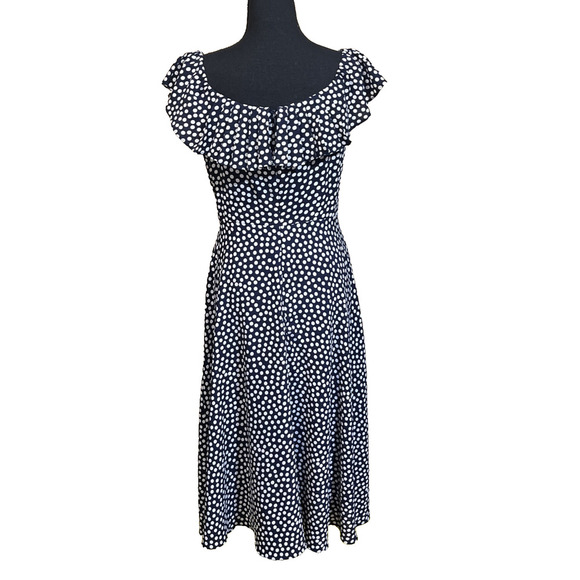 Betsy Johnson Dress Polka Dot Off Shoulder Midi Dress Fit & Flare Blue Size 6 - Picture 2 of 13